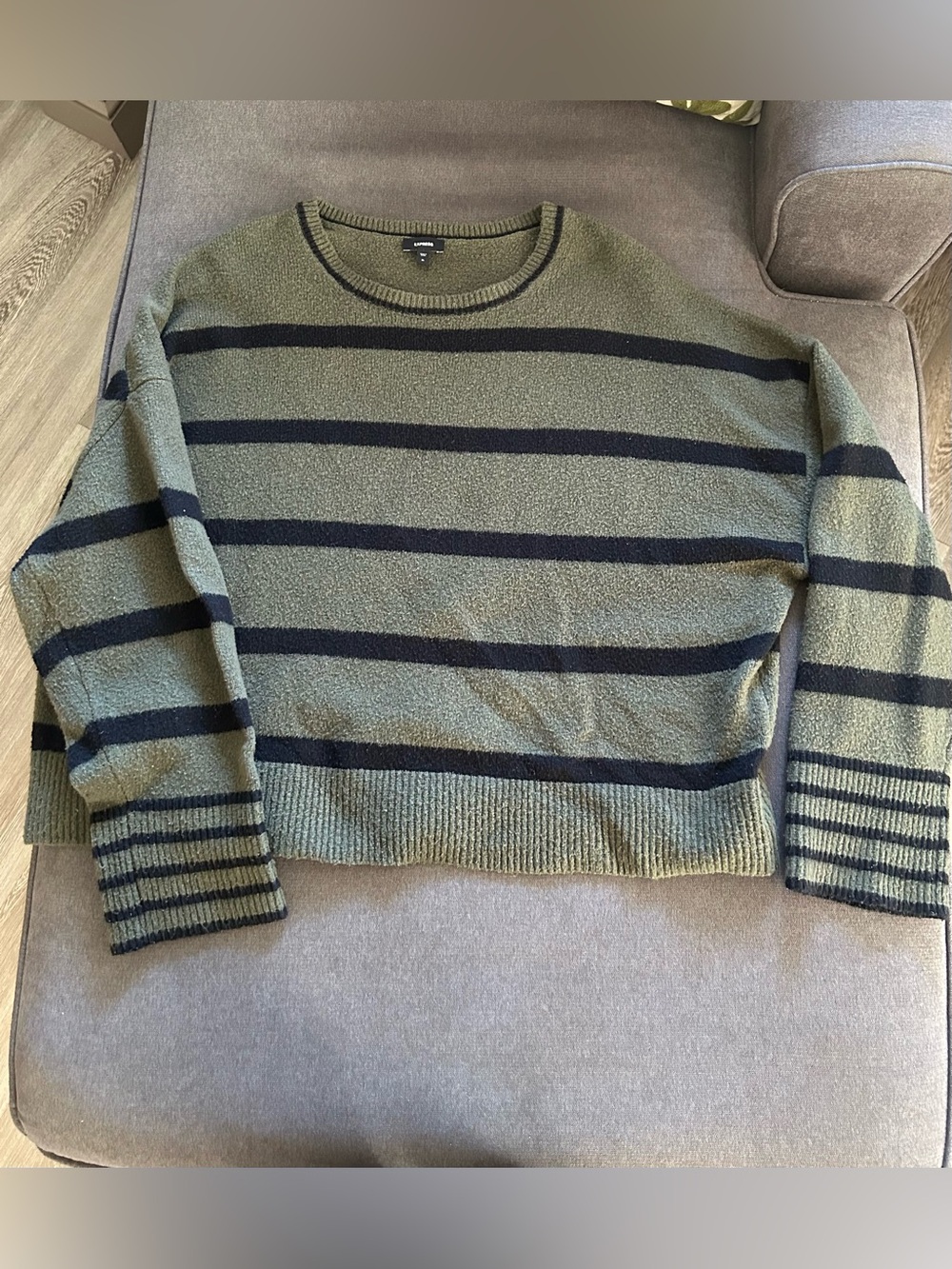 Express Olive Green Striped Crewneck Sweater